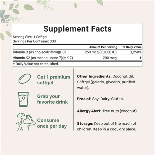 Allurea Vitamin D3 K2 Supplement Softgels